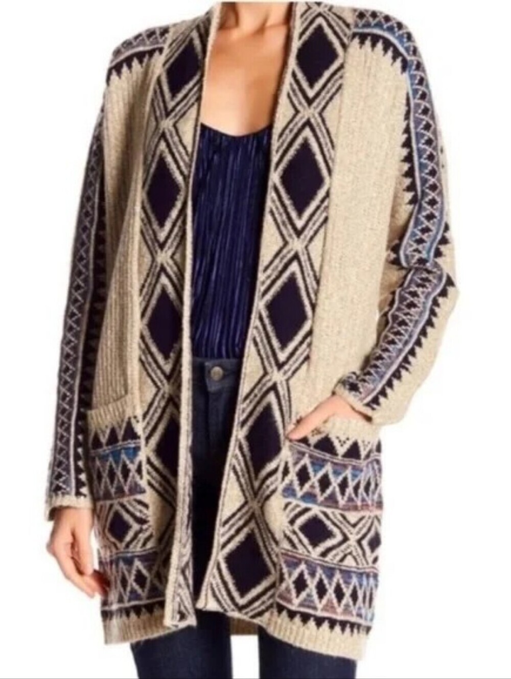 Lucky Brand Navy Blue Aztec Southwestern Jacquard Knit Long Cardigan Sweater XS